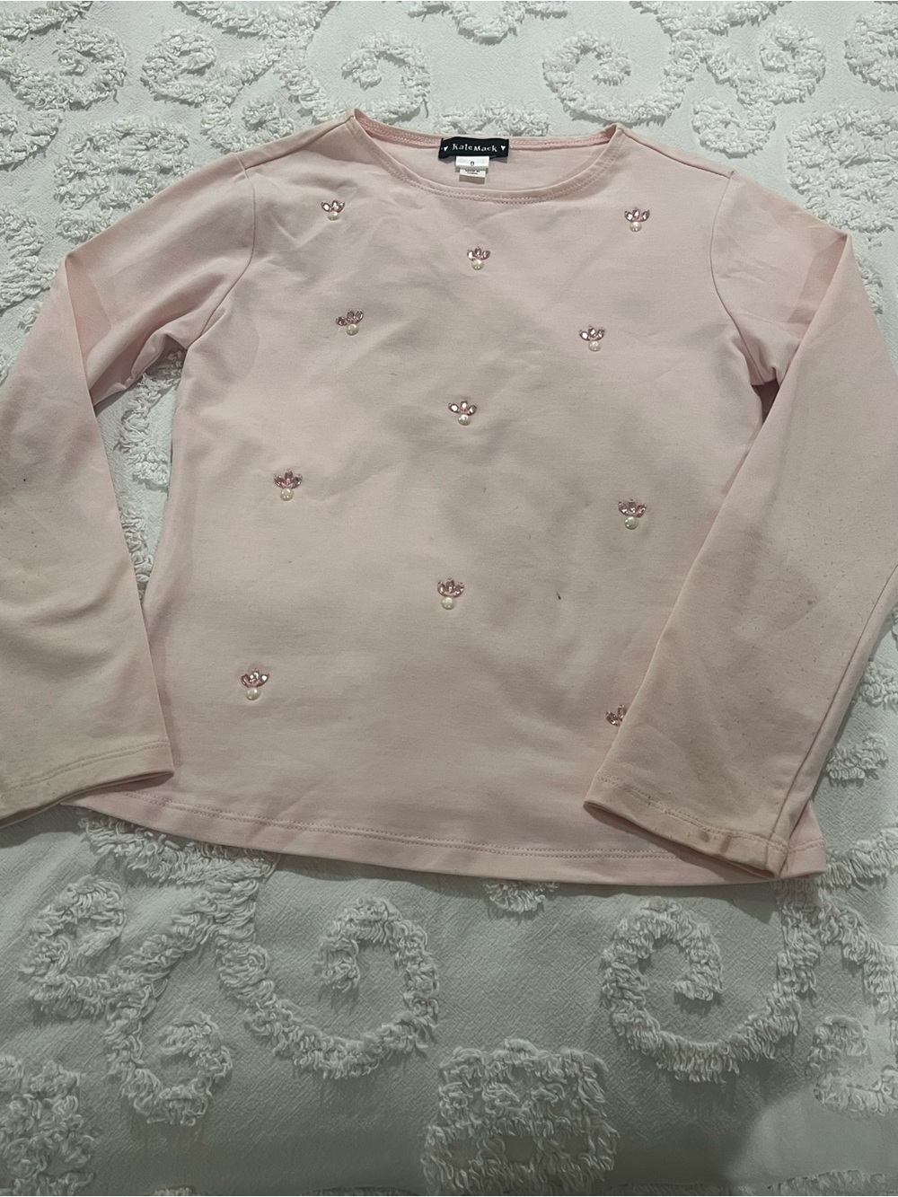 Kate Mack Girls Pink Pearl Rhinestone Long-Sleeve Top Size 8